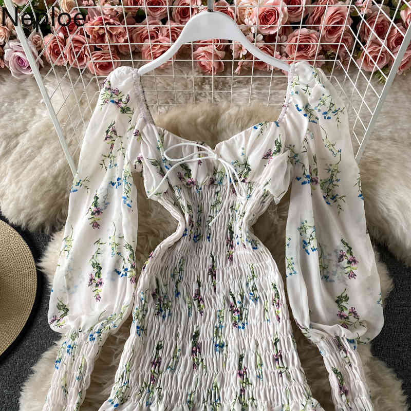 Neploe Spring Dress Woman Square Collar Slim Chiffon Vestidos Ruffles Pleated Lantern Sleeve Floral Robe Bodycon Dresses Women 210422