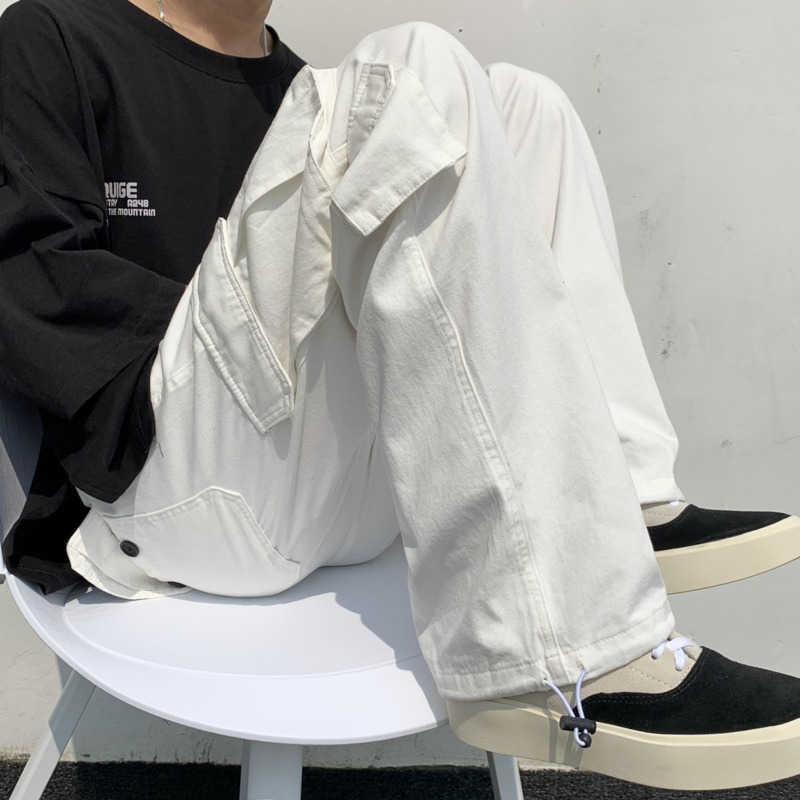 Autumn Casual Pants Men's Fashion Outdoors Straight Wide Leg Black White Multi-pocket Hip Hop Tooling Work Jeans Loose Trousers 211009