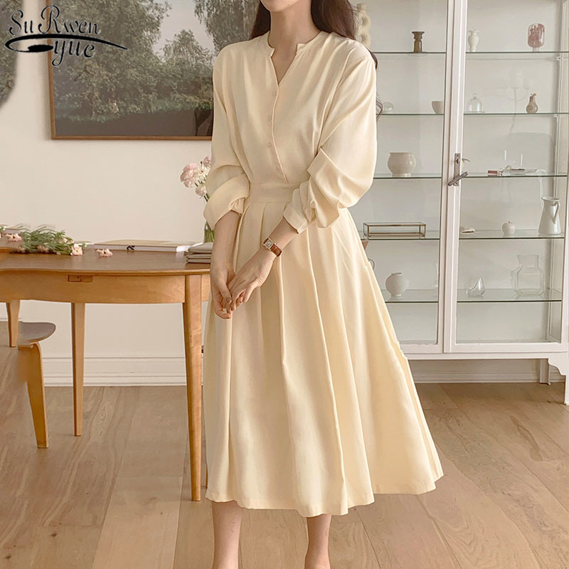 Solid Cotton V-neck Slim Dress Korean Elegant and Gentle Spring Women for Casual Office Lady Vestido 14150 210427