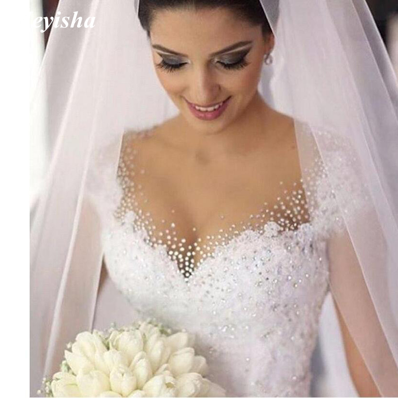 ZJ9099 Crystal Flowers Ball Gown Wedding Dresses 2021 Cap Sleeve Muslim Lace Appliques Gowns Bridal Dress