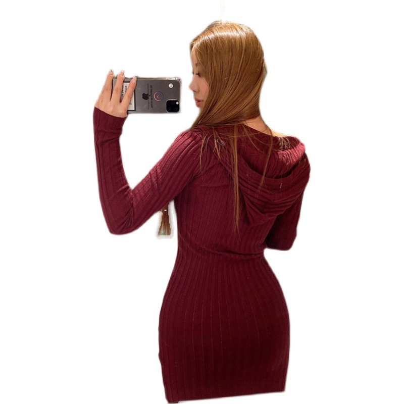 Vintage Women Hooded Knitted Full Sleeve Casual Sweater Midi Dresses Female Autumn Winter Single-Breasted Vestido 210520