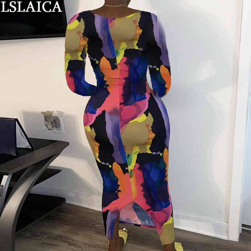 Maxi Dresses for Women Plus Size Patchwork Long Sleeve O Neck Fashion Split Bodycon Print Autumn Vrouw Jurk 210515
