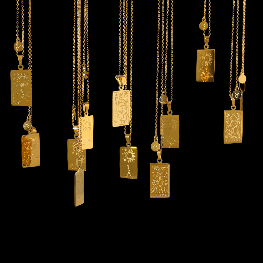 Fashion Jewelry 18K gold plated Tarot Card Double Side 12 Zodiac Pendant Horoscope Star Necklace Staineless Steel Constellation Accessories, Silver
Fashion Jewelry 18K gold plated Tarot Card Double Side 12 Zodiac Pendant Horoscope Star Necklace Staineless Steel Constellation Accessories, Silver