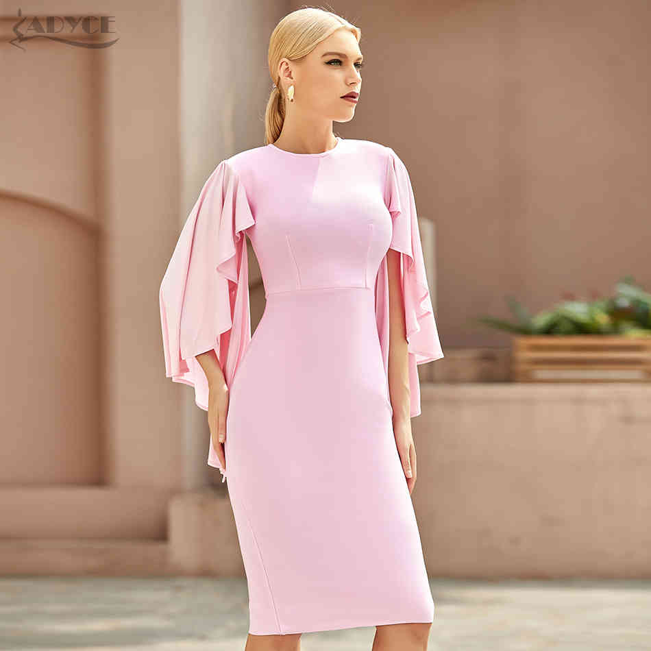 Summer Women Pink Ruffles Bodycon Bandage Dress Sexy O Neck Midi Celebrity Evening Club Party Chic Ladies Dresses 210423