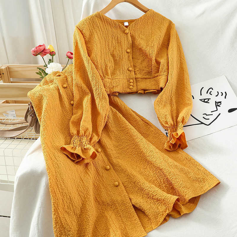 DEAT Women V-neck Longsleeve Shirt Midi-long Skirt Arrivals Short Two Piece Set Fashion Spring Summer 11D824 210709