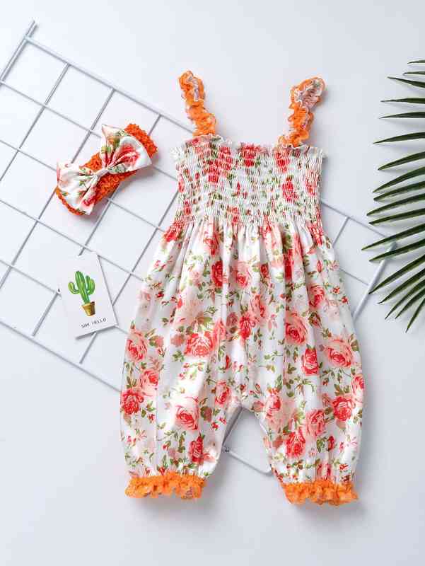 Baby Girl Allover Floral Shirred Satin Romper & Headband SHE
