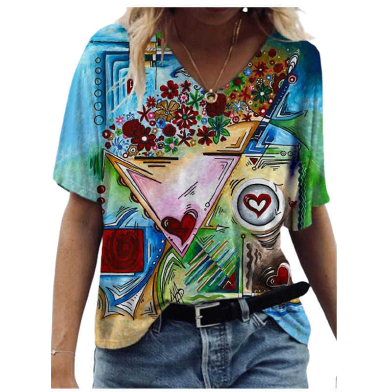 Summer Women T Shirt Casual 3D Abstract Painting Printed V-Neck Short Sleeve Loose Tops Plus Size Streetwear Tee Top Ladies 210526