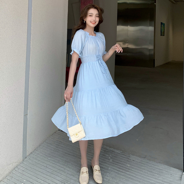 French Women Summer Midi Beach Dress Fashion Sweet Puff Sleeve High Waist Lace Up Elegant Solid Woman Dresses Female 210519