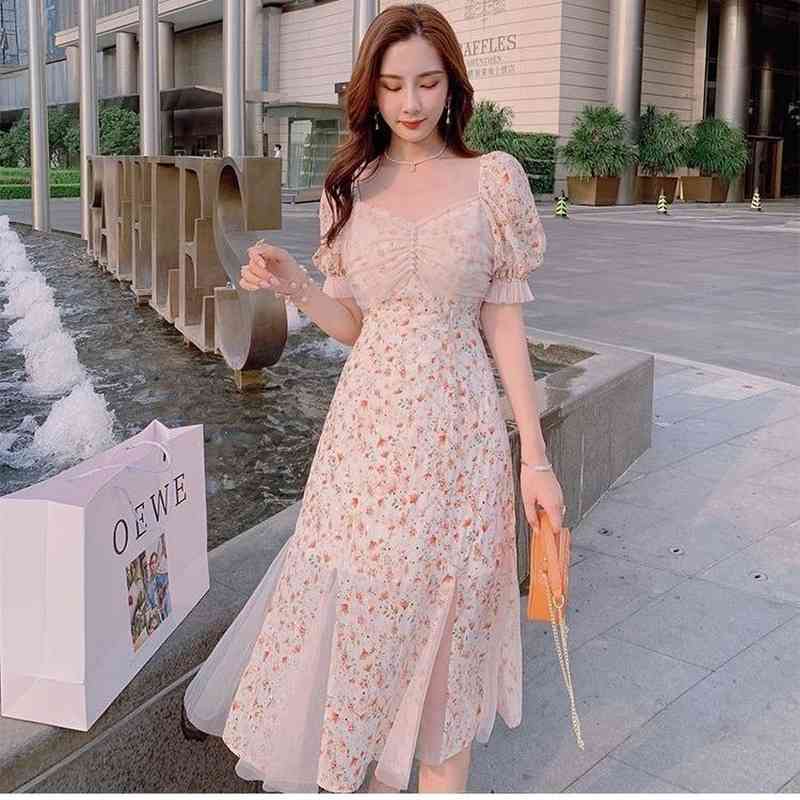Lace Floral Dress Office Lady Short Sleeve Elegant Vintage Midi Dress Women Casual Beach Party Dress Korea Summer 210521