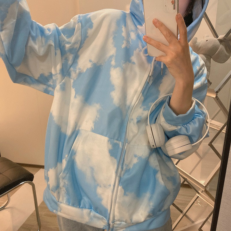 Nomikuma Women Tie Dye Sweatshirt Hooded Coat Causal Long Sleeve Zipper Korean Jacket Autumn Winter Fleece Hoodies 6D286 210427