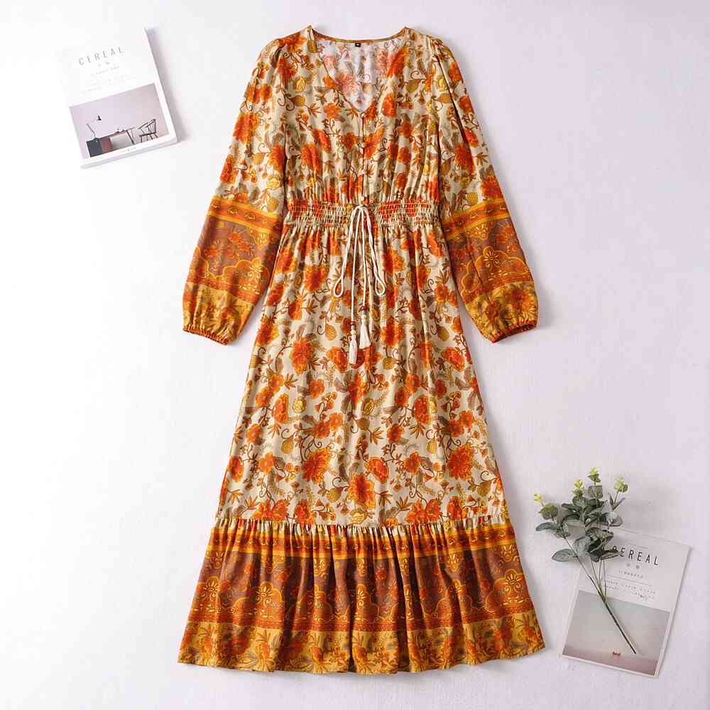 Bohemia Buttons V neck Floral Print BOHO Long Sleeve Dress Woman Bow Strappy Lacing up Elastic Waist Holiday Dresses 210429