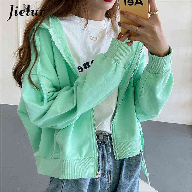 Jielur Chic Zipper Female Sweatshirt Hooded Pullovers Soild Color Hoodies Autumn Loose Harajuku Women Tracksuit White M-2Xl 211109