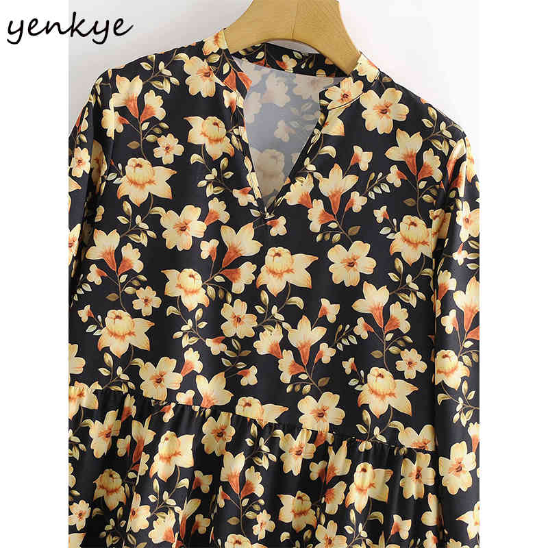 YENKYE Vintage Yellow Floral Print Dress Women Lantern Sleeve V Neck Pleated Casual Loose Dress Spring Plus Size Short Vestido 210515