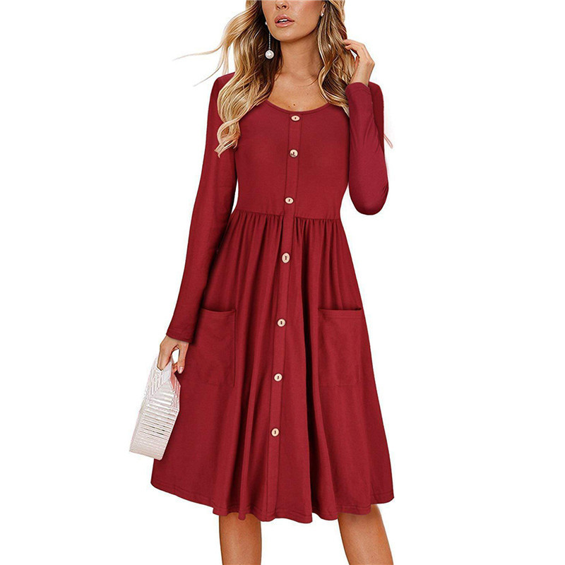 Women's Autumn Solid Color Round Neck Long Sleeve Bow Button Dress Temperament Office Worker Celebrity Style Plus Size 210522