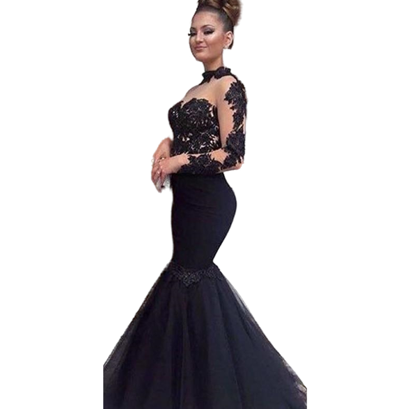 Stylish High Neck Black Prom Dresses Sexy See Through Tulle Mermaid Long Formal Party Evening Gowns Appliques Long Sleeve Zipper Women Special Occasio