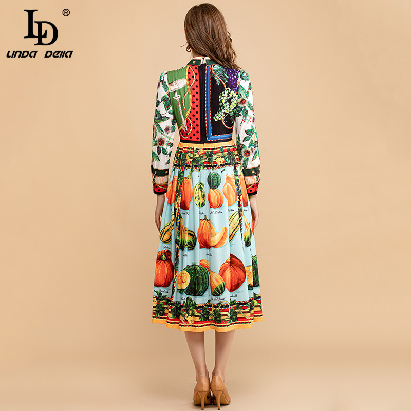 Summer Fashion Runway Vintage Dress Women Long Sleeve Multicolor Fruits Vegetables Print Midi Elegant 210522