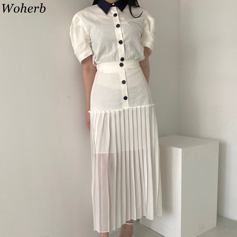 Vintage Puff Sleeve Blouse + High Waist Pleated Skirts Women Fashion Two Peices Long Skirt Sets Summer Elegant Outfits 210519