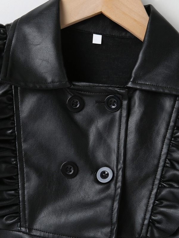 Toddler Girls Double Breasted Ruffle Trim PU Leather Dress SHE