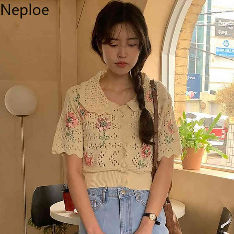Neploe Vintage Cardigans Women Embroidery Crop Top Peter Pan Collar Single-breasted Short Sleeve Knit Coat Hollow Out Sweater 210422