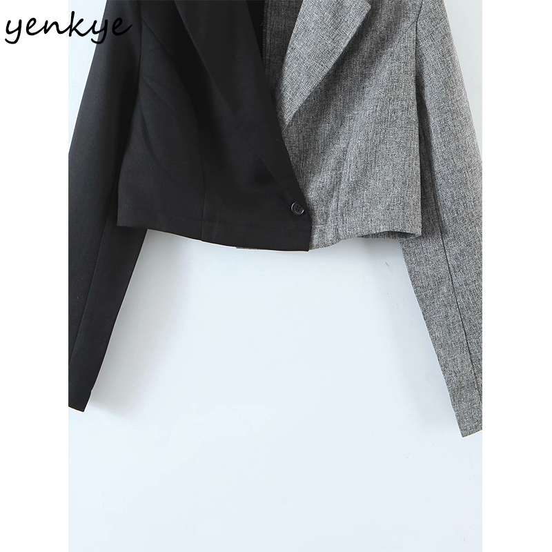 Vintage Hit Color Cropped Blazer Women Notched Neck Long Sleeve Short Jackets Fashion Suit Plus Size Tops 210430