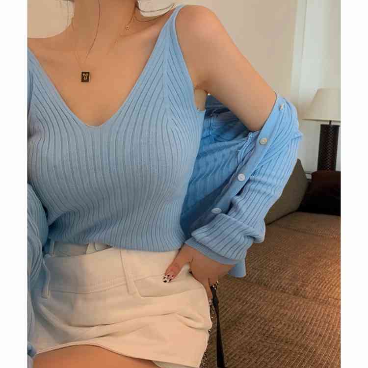 Spring Solid Color Knitted Suit Casual Fashion Single-Breasted Long-Sleeve Cardigan+Short Sling Vest Two-Piece Set Femme 210519