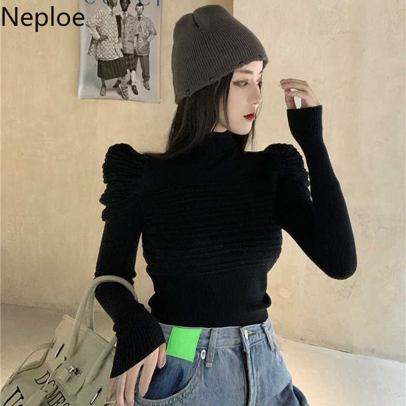 Neploe Fashion Pleated Sweaters for Women Elegant Puff Sleeve White Slim Tops Korean Turtleneck Sweater Jumper Fall Clothes 210914