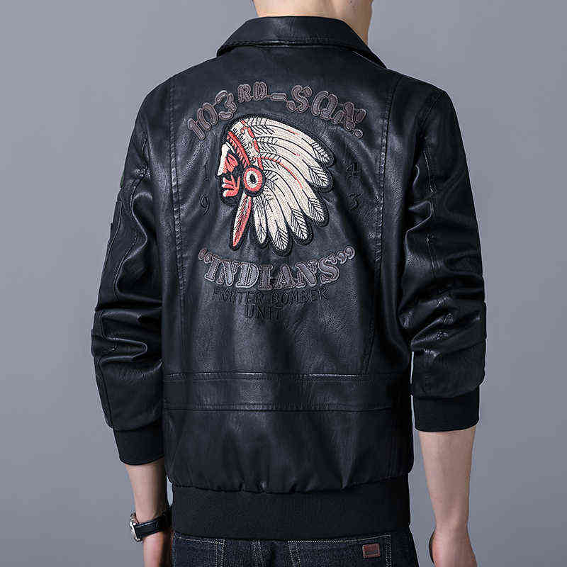 Autumn Men 's Retro Leather Jackets Embroidery Outwear Casual Motorcycle Pu Jacket Biker Leather Windbreaker Multi-pockets 211119