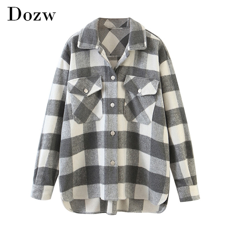 Women Vintage Tweed Plaid Shirt Jacket Long Sleeve Single Breasted Coat With Pockets Turn Down Collar Ladies Jackets 210515