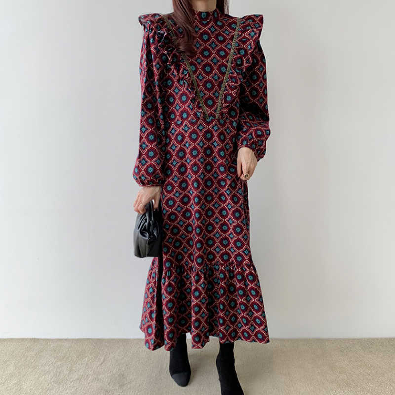 Korean Chic Court Style Full Print Slim Stand Loose Ruffle Trumpet / Mermaid Ankle-Length Dresses for Women 210615Z