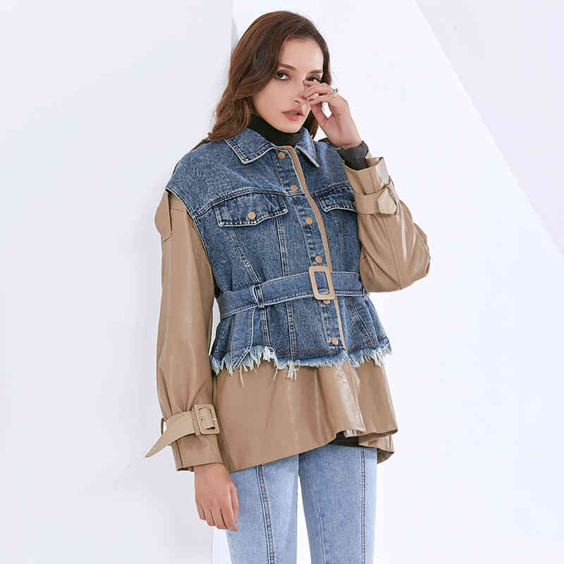 Patchwork PU Jackets For Women Lapel Long Sleeve Loose Hit Color Sashes Casual Denim Coats Female Autumn 210524