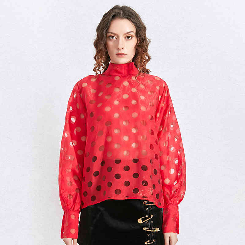 Patchwork Perspective Dot Shirt For Women Bow Collar Long Sleeve Casual Elegant Blouse Female Fashion Stylish 210524