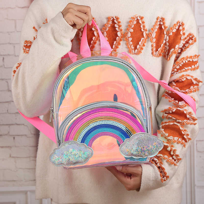 Cartoon Rainbow Unicorn PVC Transparent Backpack For Children Plush kindergarten Small SchoolBag Girls School Bags Mini Backpack 210901
