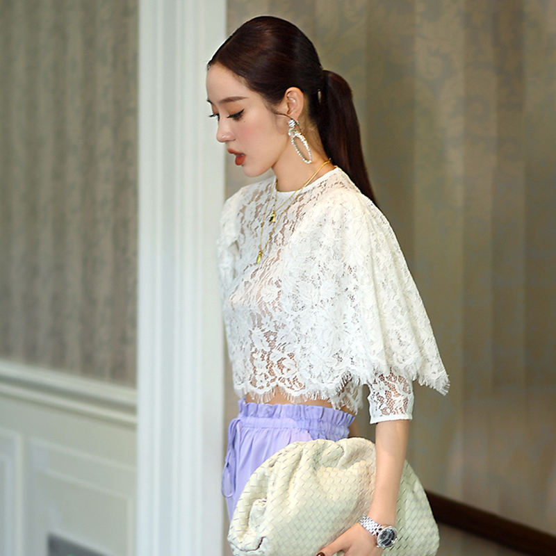 White Elegant Short Shirts For Women O Neck Flying Half Sleeve Patchwork Lace Blouses Female Fashion Clothing 210524
