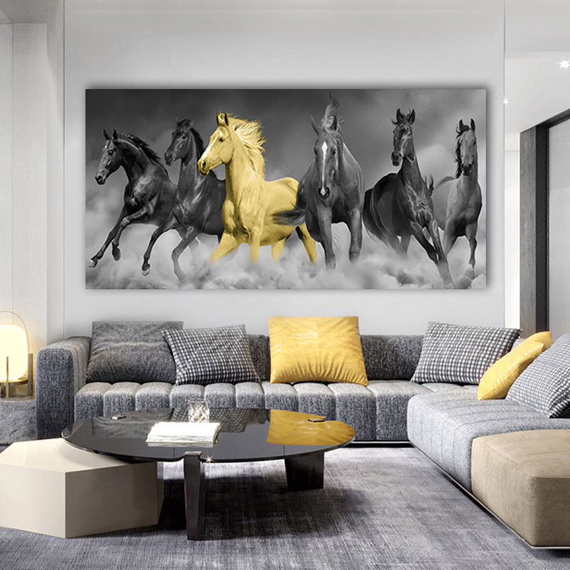 Modern Black and White Horse Running Picture Wall Art Painting Living Room Canvas Print Animal Decorative Poster Print Big Size