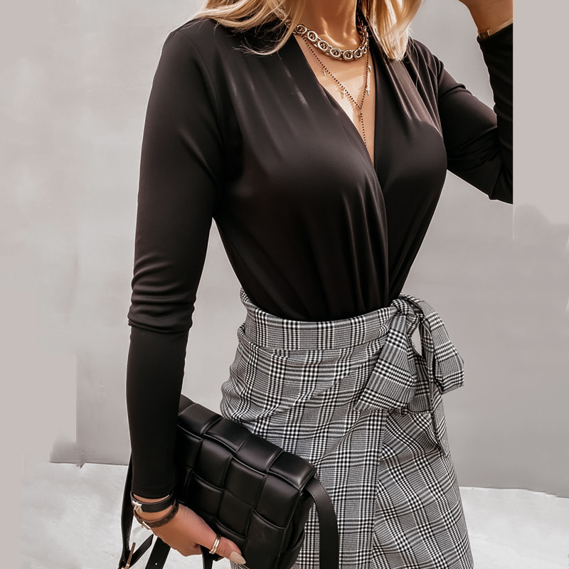Autumn Winter Solid Color Long-sleeved V-neck Ladies Shirt Women Slim Black White Blouse Shirts Office Lady Oversized 3XL 210317