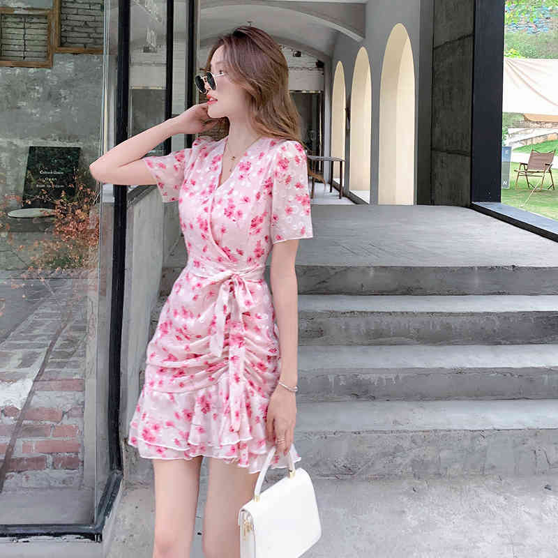 Summer Short Sleeve Wrap Mini Dress Floral Print Dresses Lace-up Waist Pink Sundress For Holiday Vestidos 210515