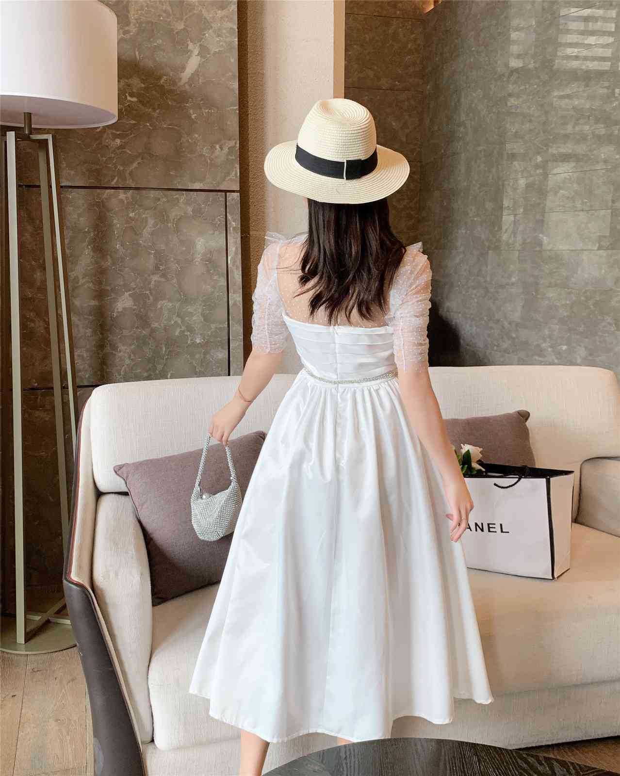 Runway Summer Dress Woman Milk White High Waist Mesh Patchwork Pile up Sleeve Elegant Party es Female 210506