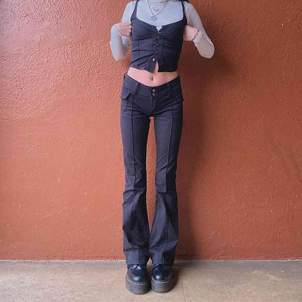 Women Casual Low Waist Flare Pants Vintage Aesthetics Pockets Solid Y2K Harajuku Trousers Gothic Streetwear 210428