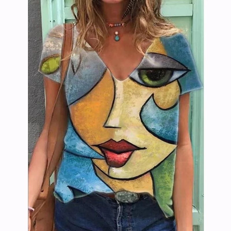 Summer Personality Abstract Face Print Sexy Top Women's Casual Short Sleeve T-shirt Fashion Streetwear Oversize Tees t shirts 210515
