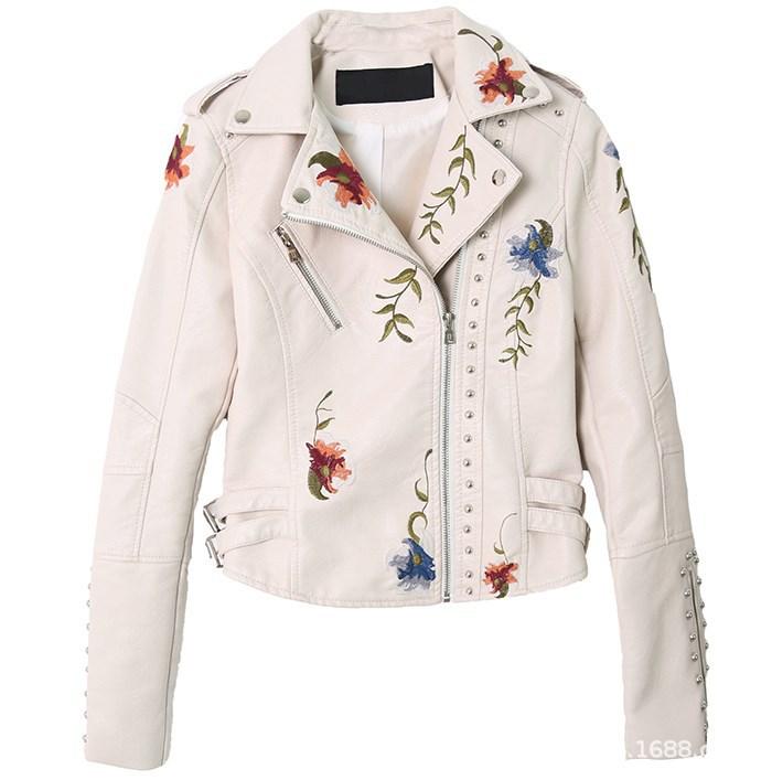 2021 Women's Jackets Women Floral Print Embroidery Faux Soft Leather Jacket Coat Turn-Down Collar Casual Pu Motorcycle Black Punk Oute