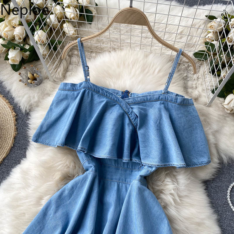 Neploe Sexy Off Shoulder Sling Women Mini Dress Korean Fashion Ruffles A-Line High Waist Female Dresses Summer Denim Vestidos 210422