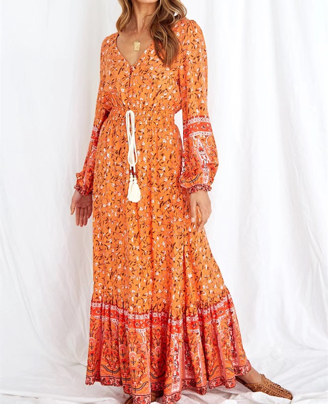 Bohemia Buttons V neck Floral Print BOHO Long Sleeve Dress Woman Bow Strappy Elastic Waist Midi Holiday Dresses 210429