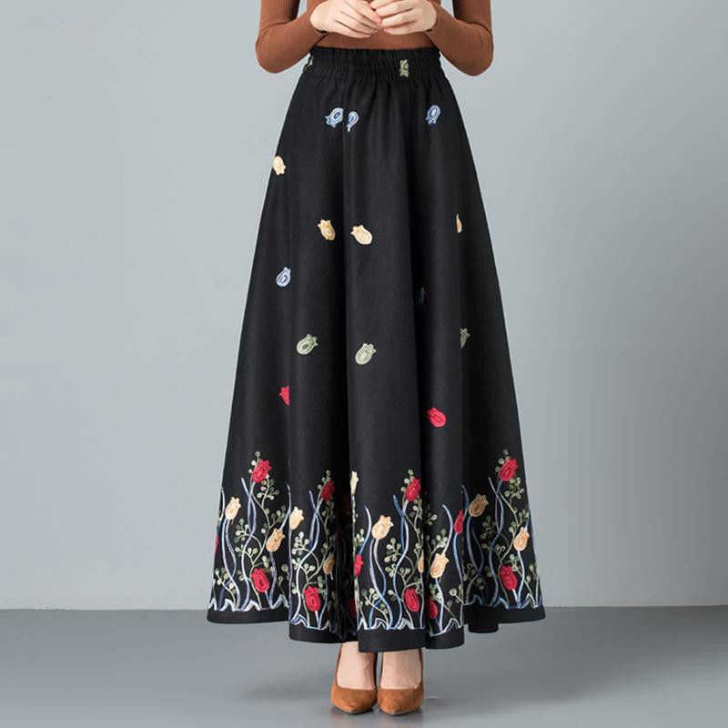 Mom elegant Embroidered Maxi pleated skirt Women Plus Size Winter Warm Woolen Long Skirt Lady High Waist Casual Wool Office saia 210619