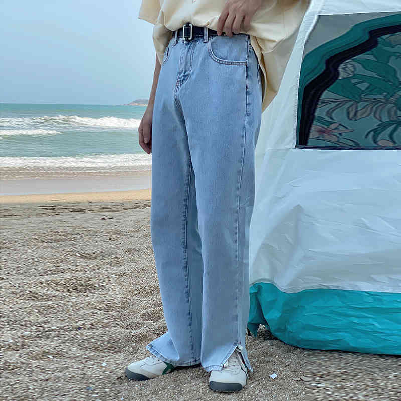 IEFB Summer Thin Split Bottom Blue Jeans Korean High Waist Slim Straight Leg Drop Feeling Floor Long Pants Denim 9Y7407 210524