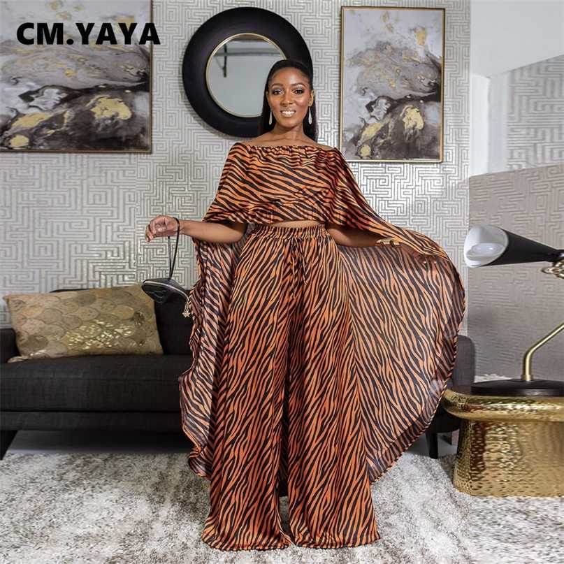 CM.YAYA Activewear Zebra Sweatsuit Women's Set Irregular Cape Cloak and Pants Suit Street Tracksuit Two Piece Fitness Outfit 211105
