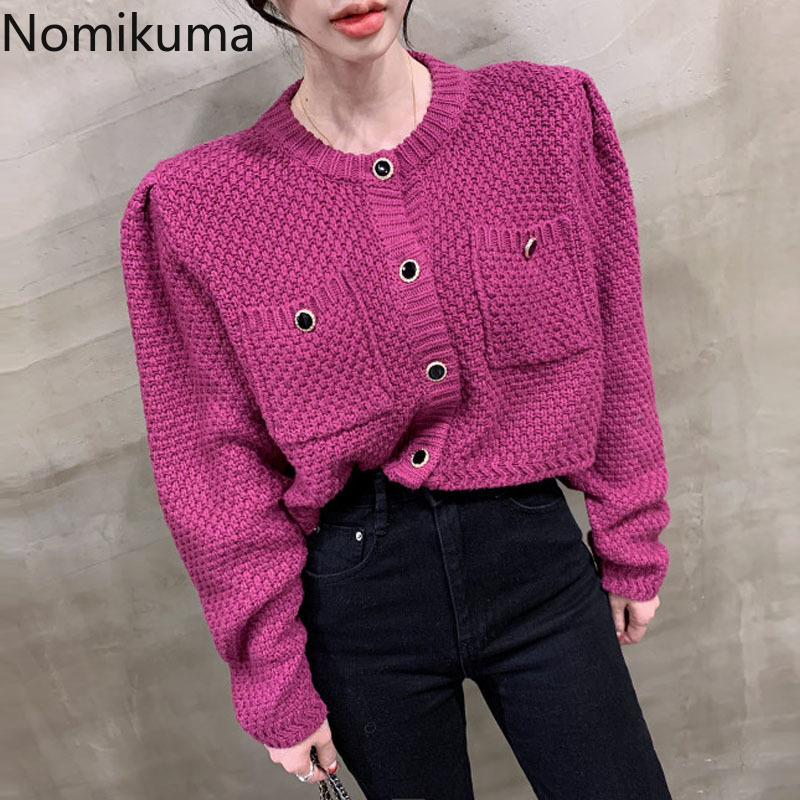 Nomikuma Korean Short Knitted Cardigan Single Breasted Long Sleeve O-neck Elegant women Sweater Coat Autumn Knitwear 6C167 210427