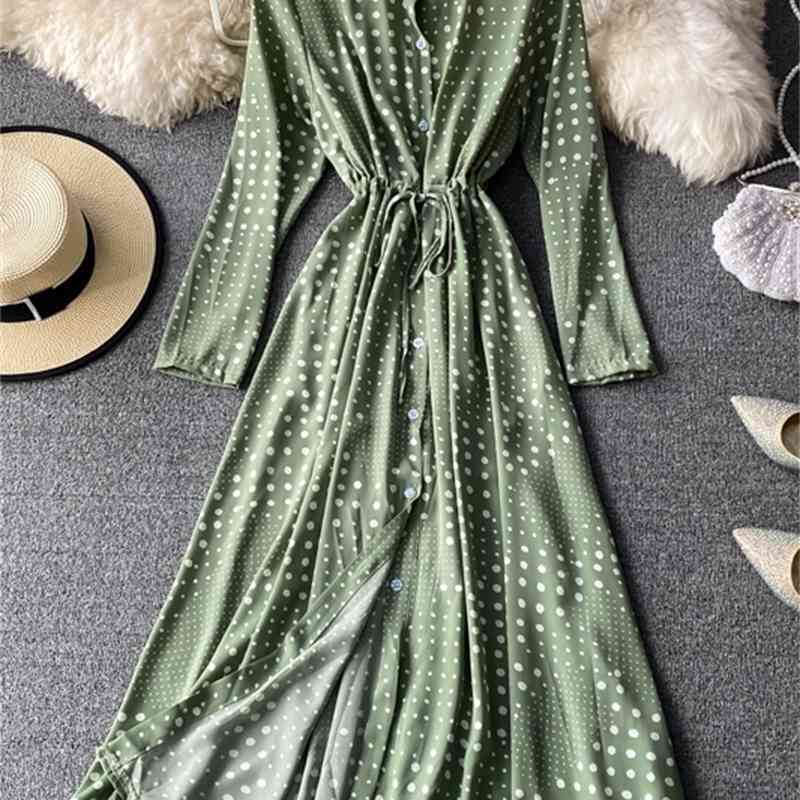 LoveFlowerLife Spring Autumn Vintage Polka Dot Floral Print Skim Dress Stand Collar Full Mid Calf High Waist Women Dresses 210521