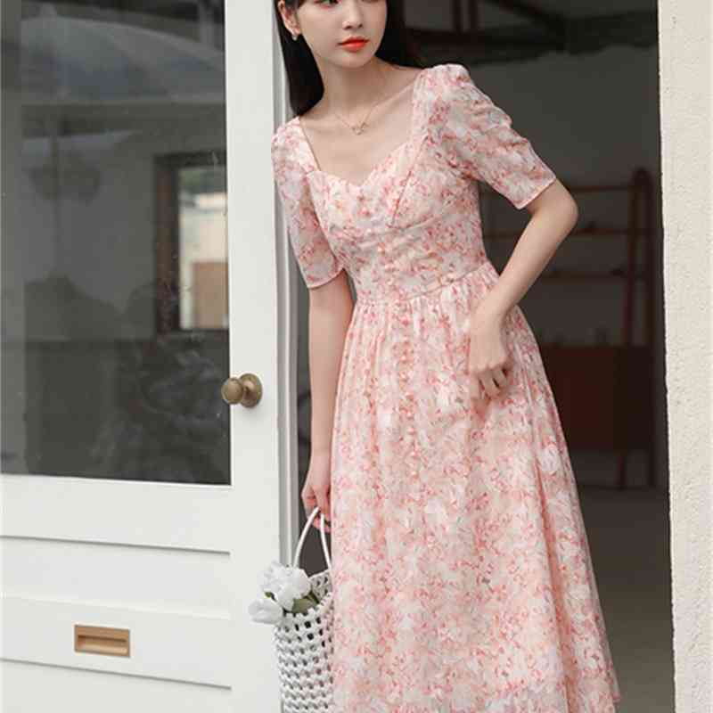 Summer Women Elegant Square Collar Short-Sleeved Chiffon Dress Korean Fashion High Waist Floral Print Vintage Midi Dresses 210519