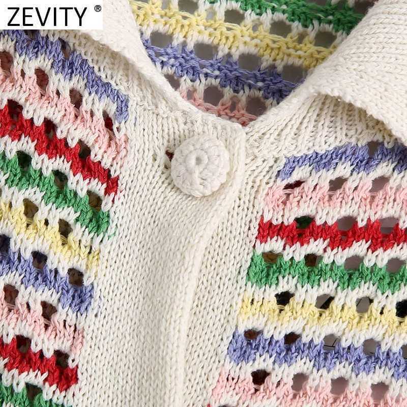 Zevity Women Rainbow Striped Print Hollow Out Crochet Knitted Sweater Coat Female Chic Breasted Jacquard Cardigan Tops SW803 210918