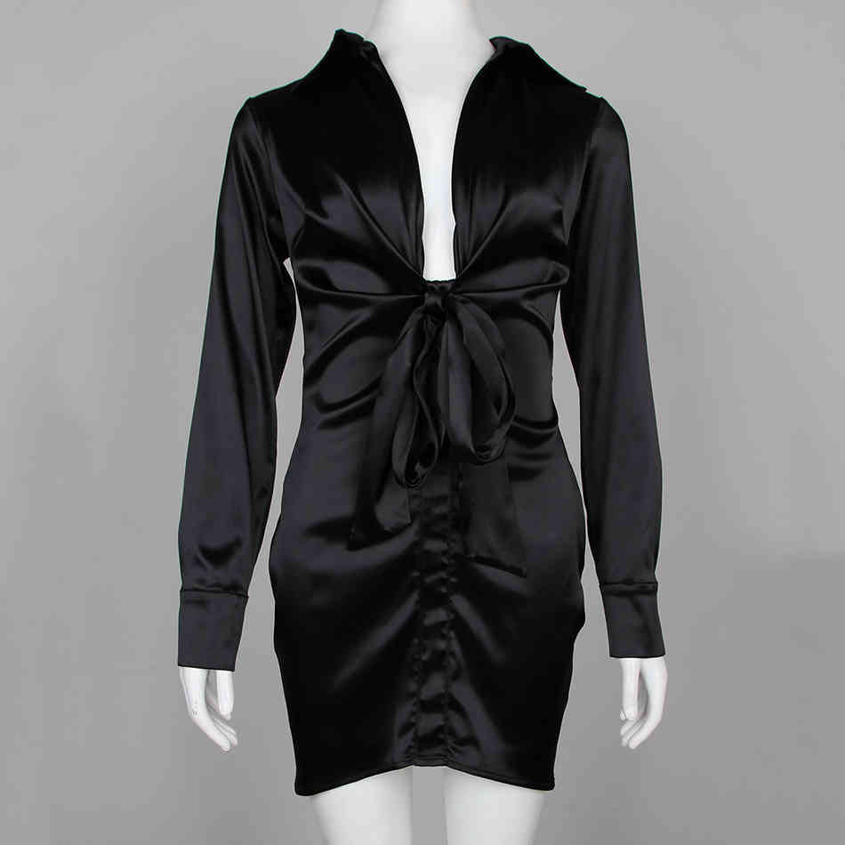 Free Women Black Satin Dress Sexy Deep V Neck Long Sleeve Bodycon Lace-Up Club Night Party Mini Vestidos 210524